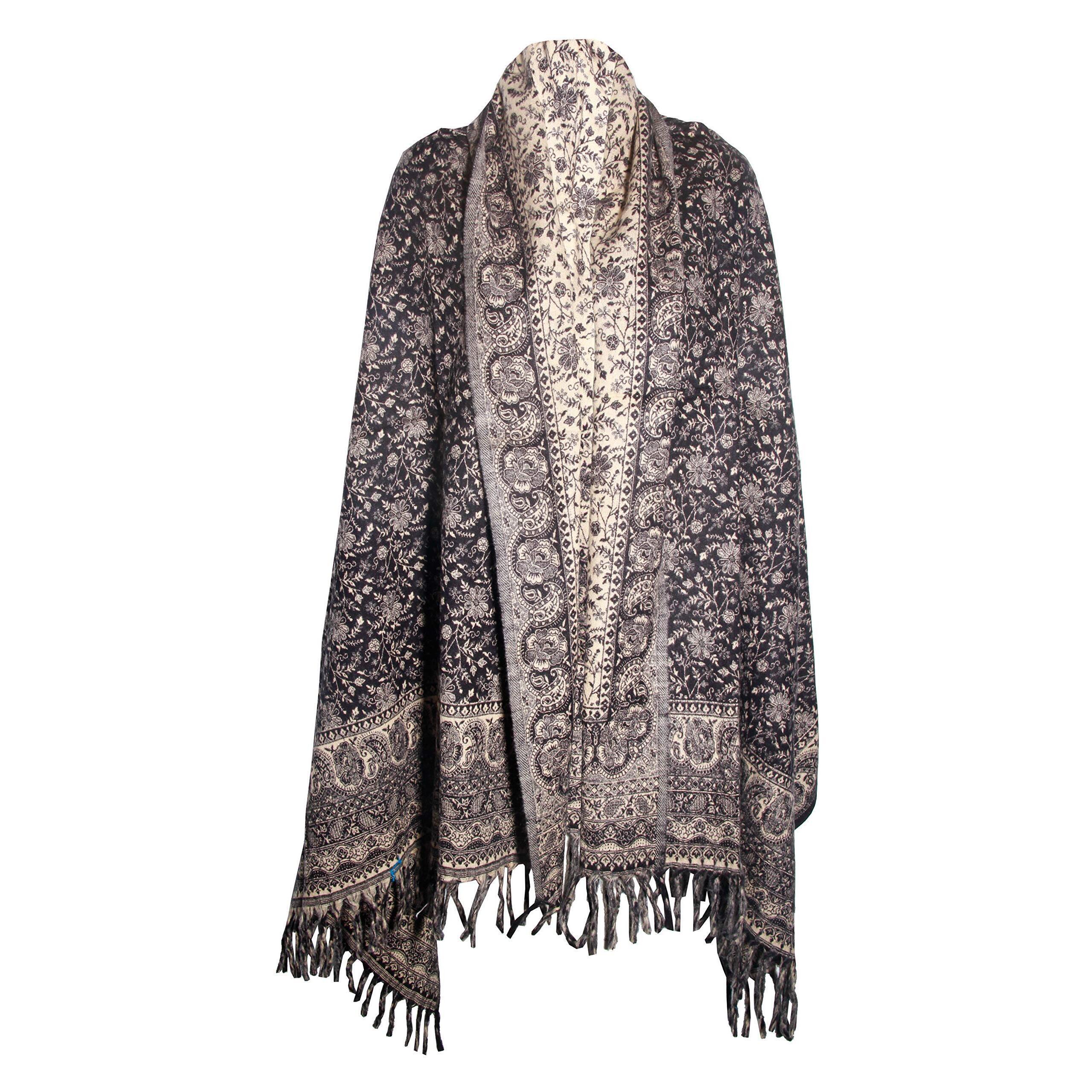 4675 Luxury Floral Handmade Black Beige Fashion Scarf Yak Wool Fortable